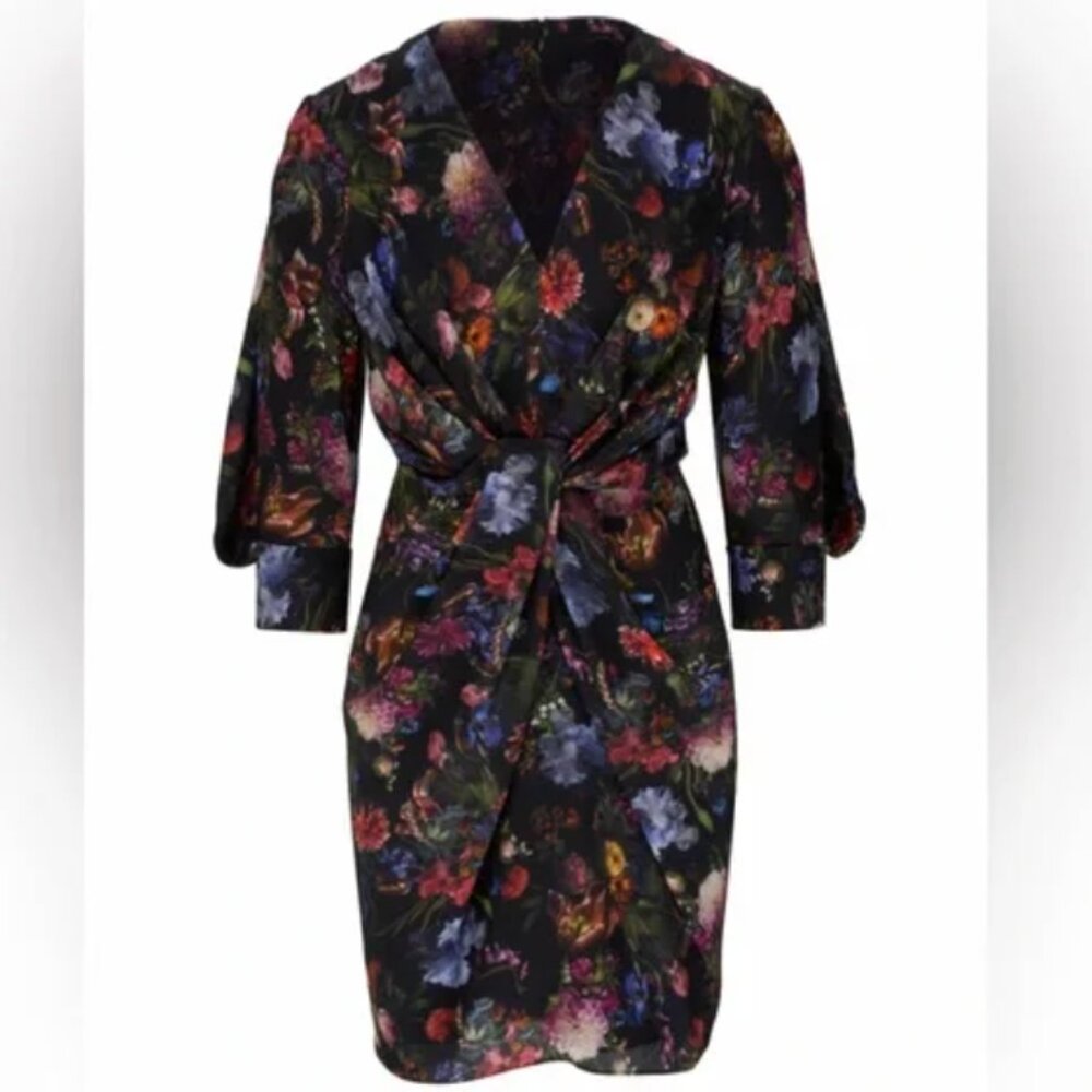 ADAM LIPPES Black Floral Crepe De Chine Draped Dress 10 NWT